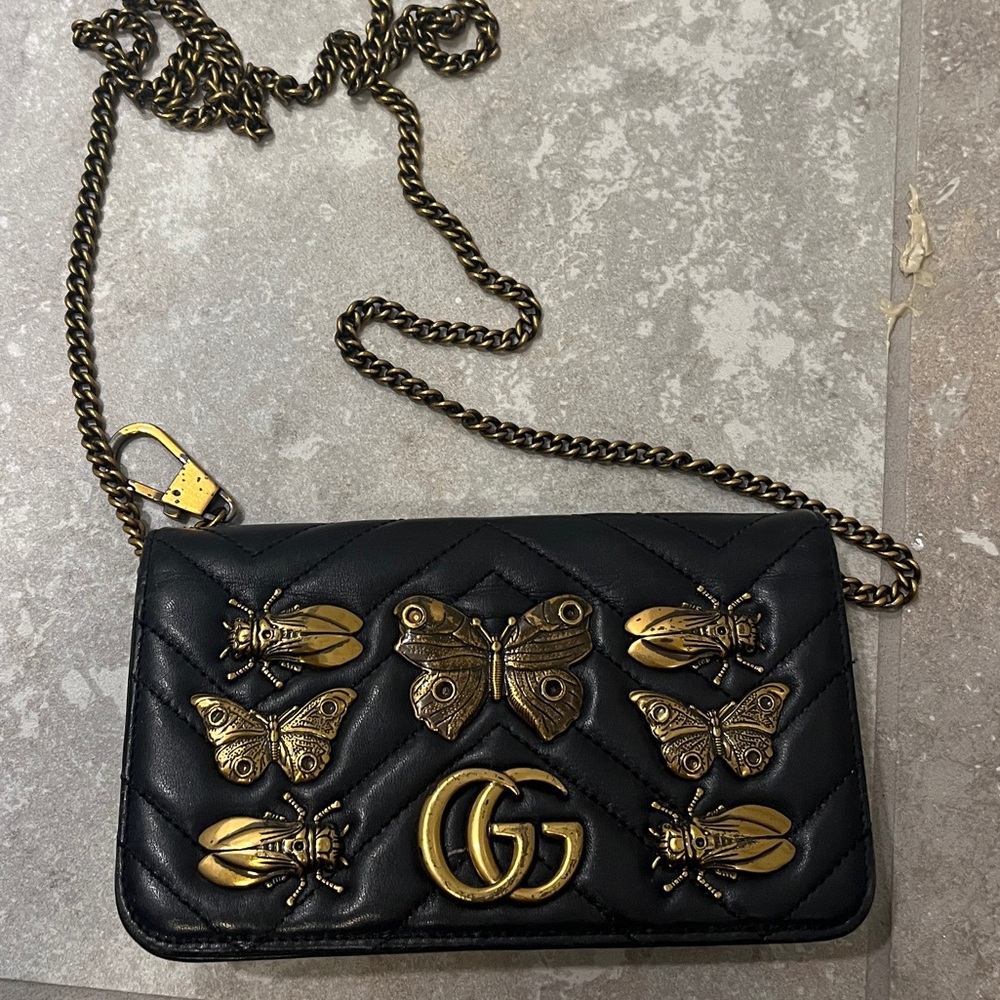 Black Quilted Crossbody with Gold Insect Accents